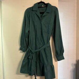 Green long sleeve button down dress with bell sleeves
